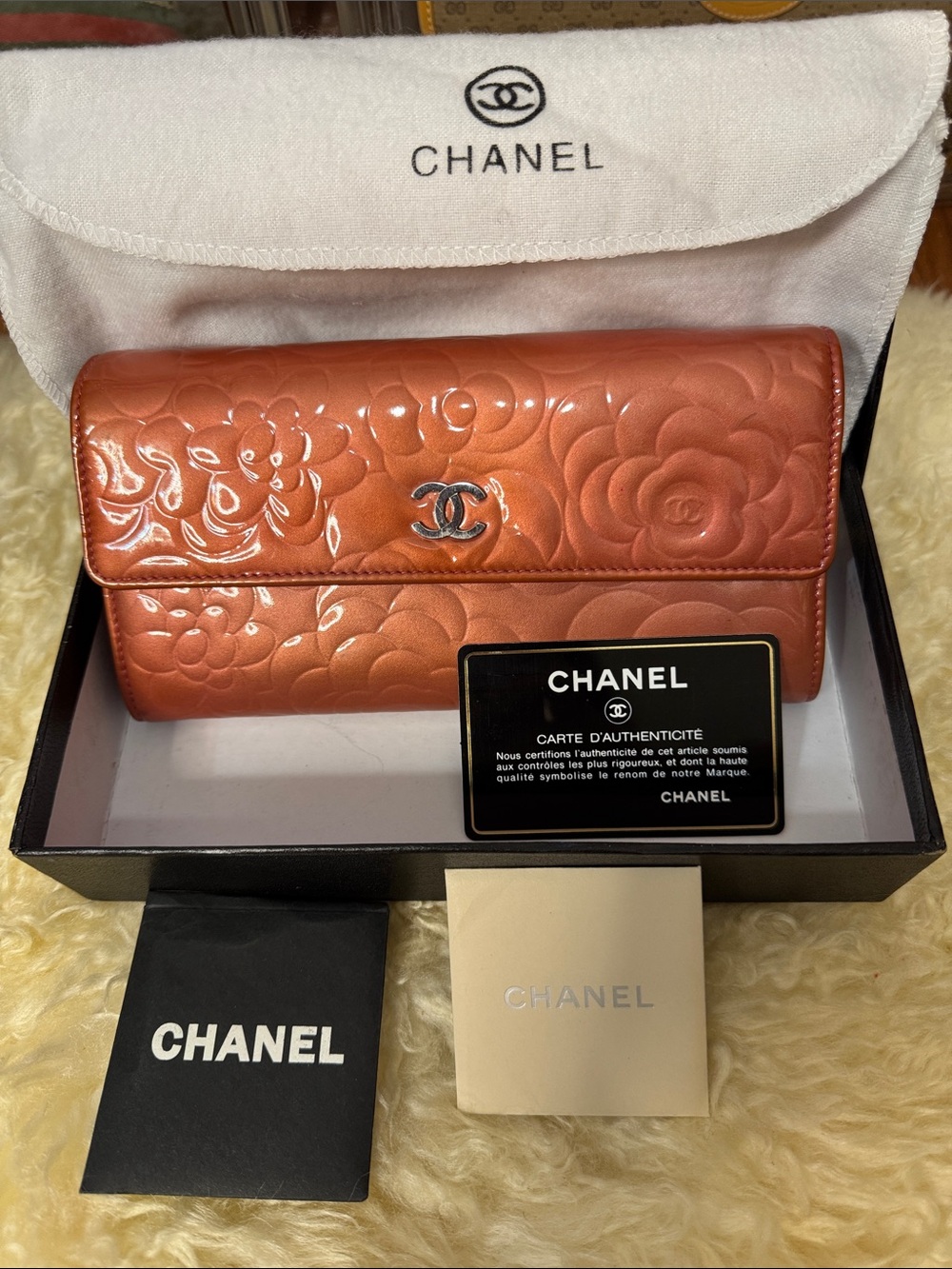 CHANEL Coral Patent Camellia Quilted Wallet on Chain with Silver CC